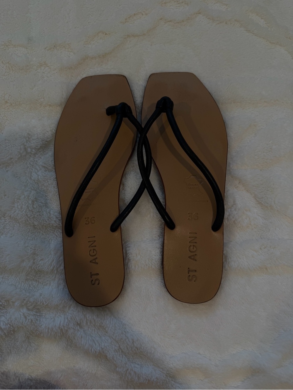 St. Agni Black Strappy Square-Toe Leather Sandals with Tan Footbed